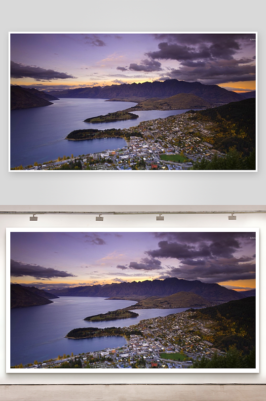 湖畔小镇日落山景-众图网