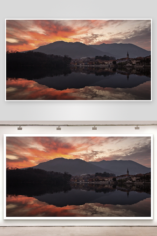 湖畔小镇日落晚霞-众图网