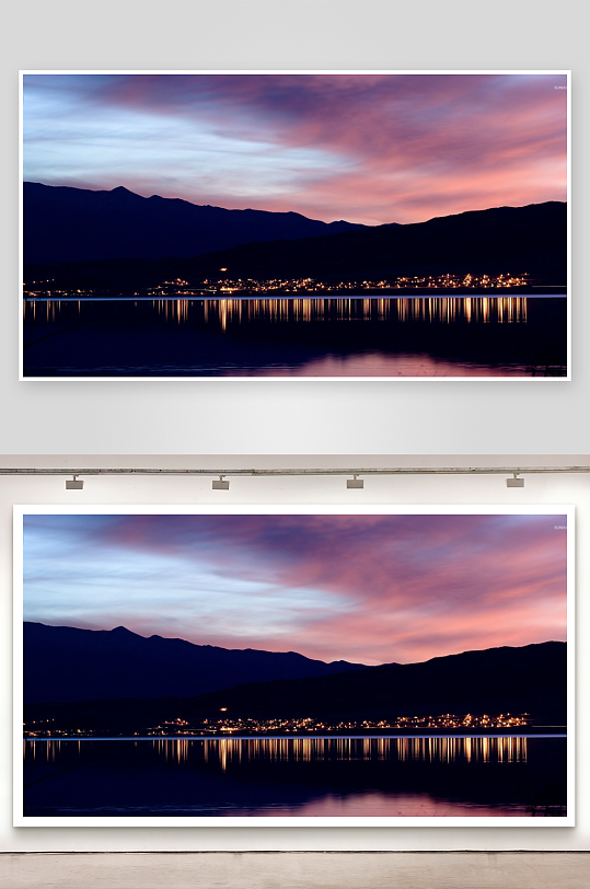 湖畔山峦日落倒影美景-众图网