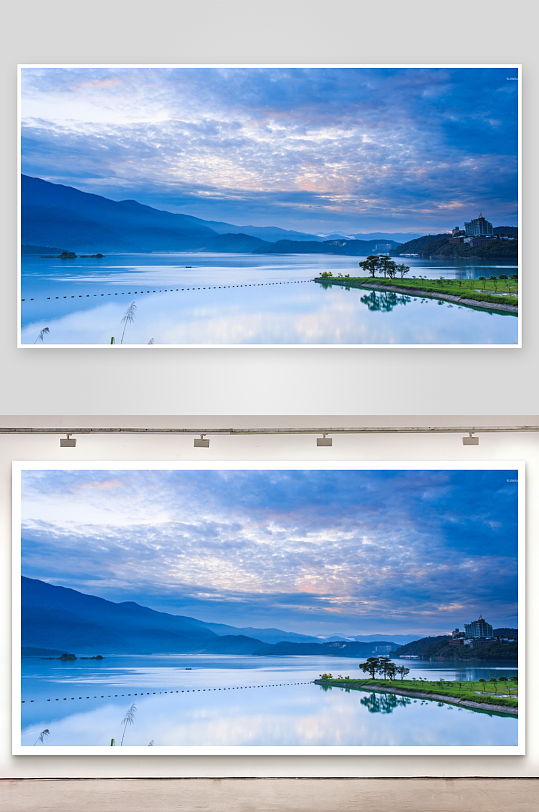 湖畔山峦晨曦美景-众图网