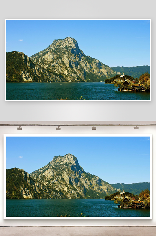 湖畔山峰与村落风景-众图网