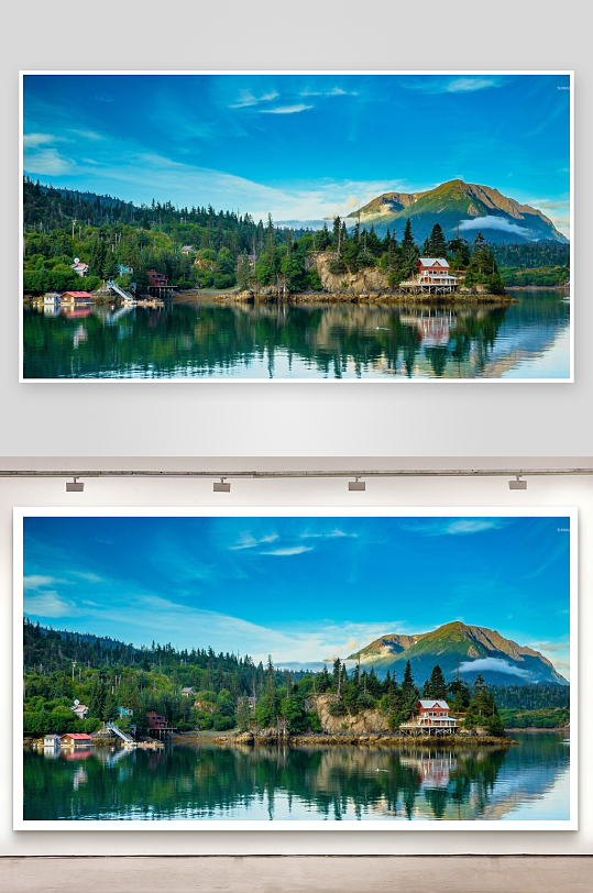 湖畔山林木屋风景-众图网