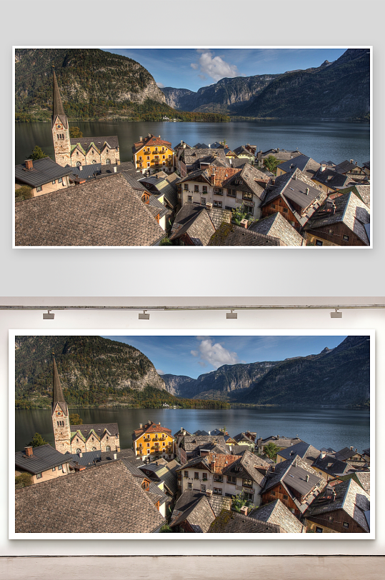 湖畔山脚下的欧式小镇风光-众图网