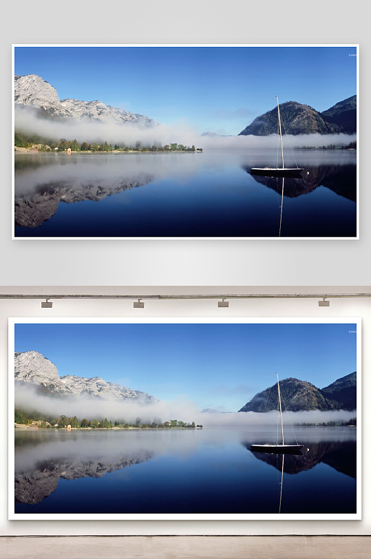 湖畔山雾帆影静谧风光-众图网