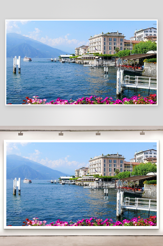 湖畔建筑与游船风景-众图网