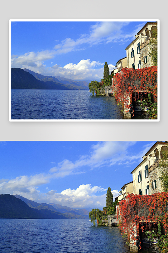 湖畔建筑红花攀爬景色宜人-众图网