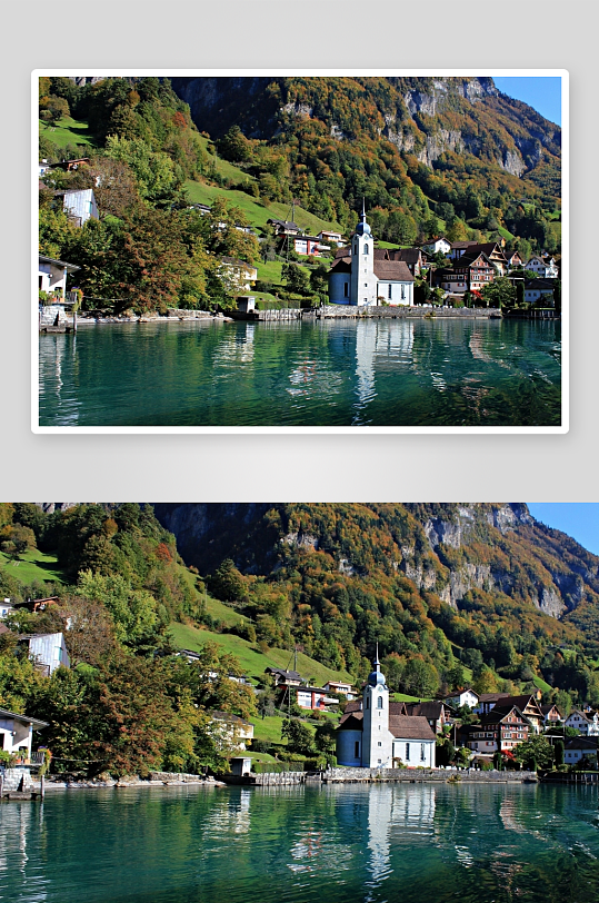 湖畔教堂与山间村落秋景-众图网