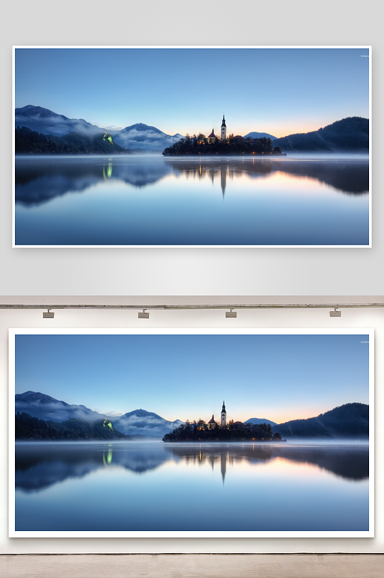 湖畔教堂晨雾缭绕景色如画-众图网