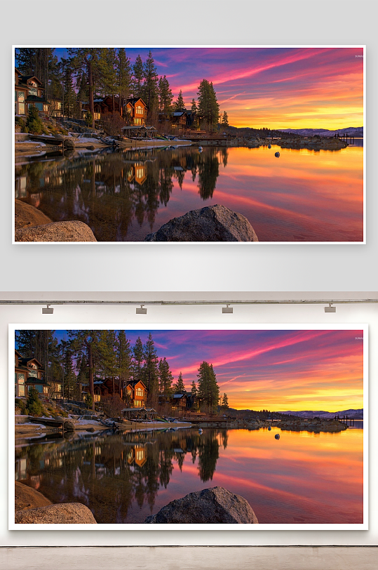 湖畔木屋日落美景-众图网