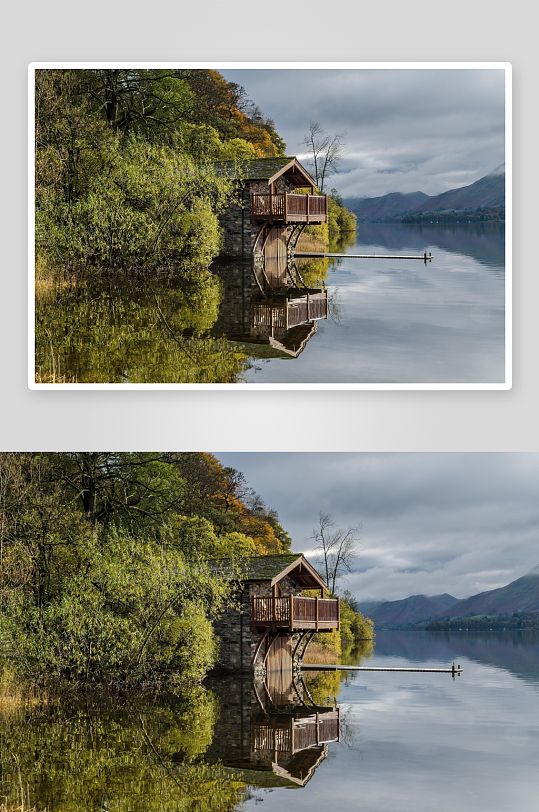 湖畔木屋秋景倒影-众图网