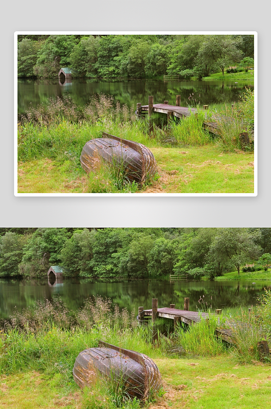 湖畔木船与码头静景-众图网