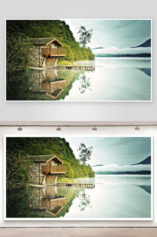 湖畔石屋倒影静谧风光-众图网