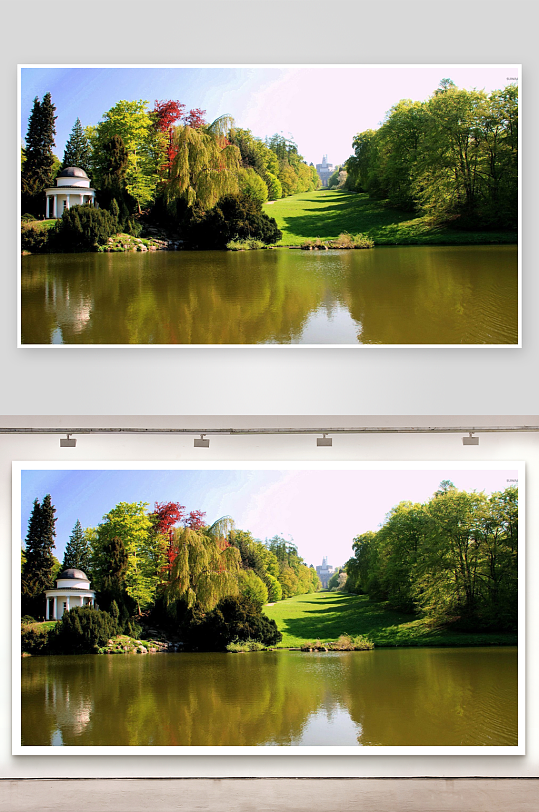 湖畔绿树成荫古典亭台-众图网