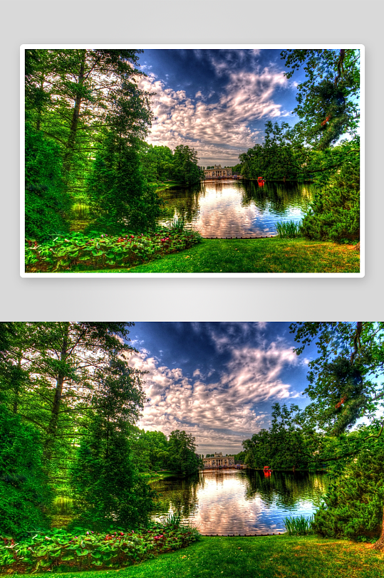 湖畔绿树成荫建筑倒影-众图网