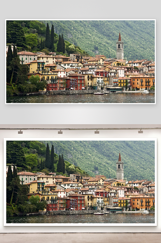 湖畔色彩斑斓的山城风光-众图网