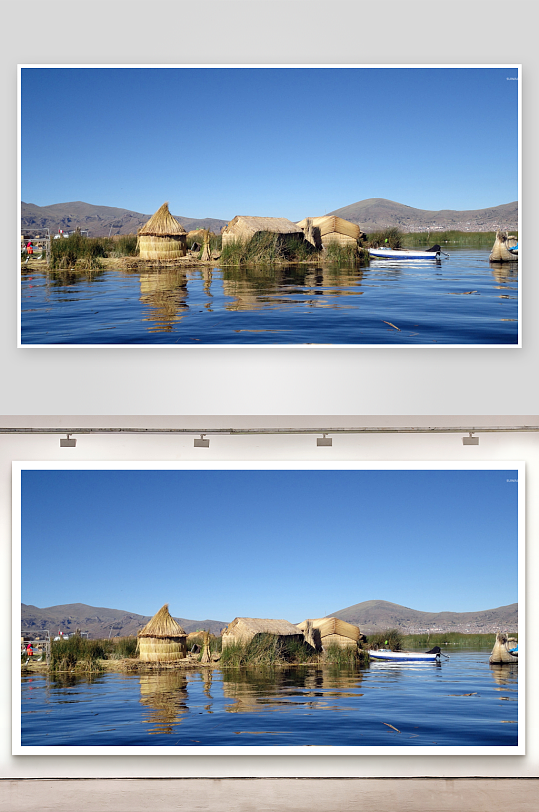 湖畔茅草屋与小船风景-众图网