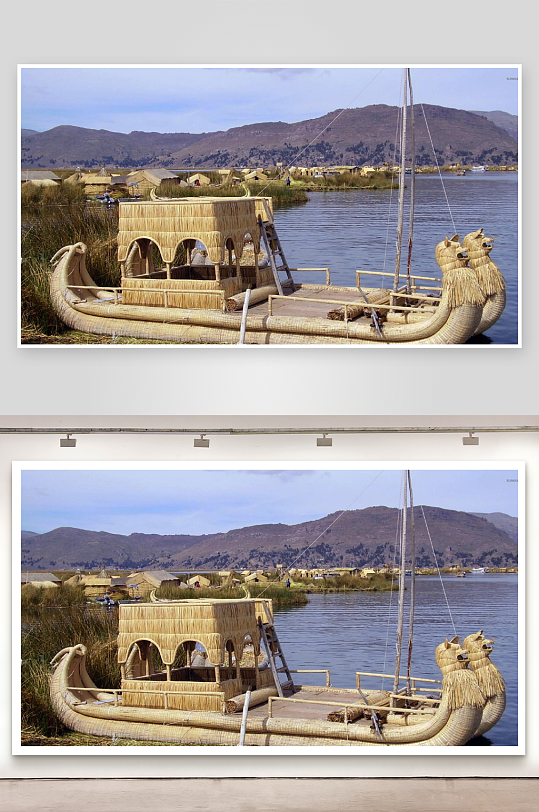 湖畔草编船与茅屋村落-众图网