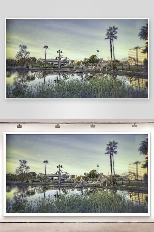 湖畔长毛象雕塑与棕榈树-众图网