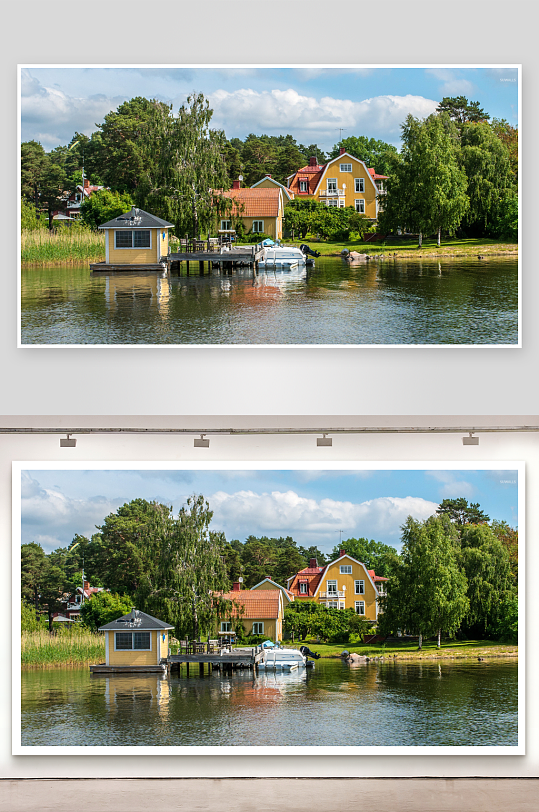 湖畔黄色房屋与码头风景-众图网