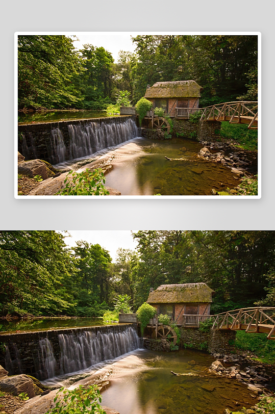 溪流瀑布旁的古朴木屋-众图网