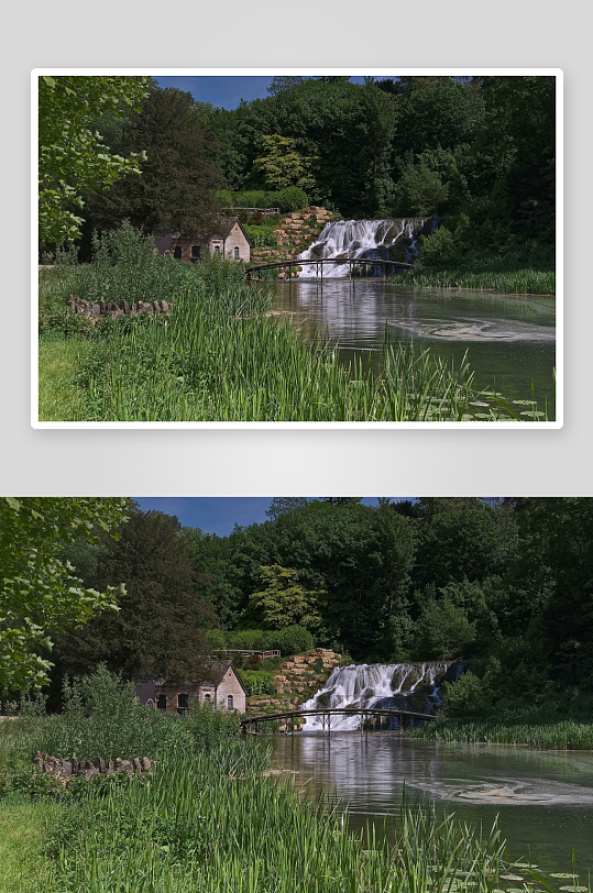 瀑布小屋绿植环绕自然景观-众图网