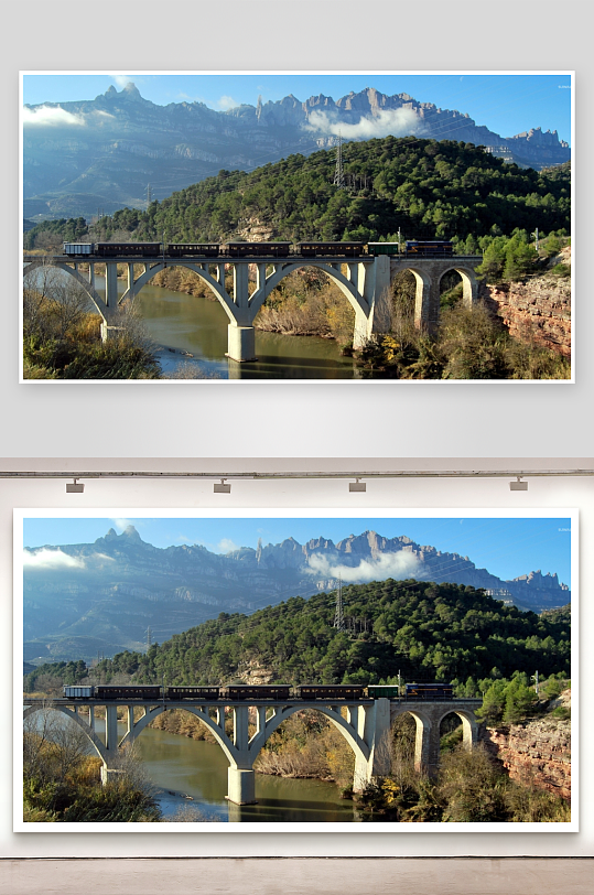 火车穿行于山河拱桥之上-众图网