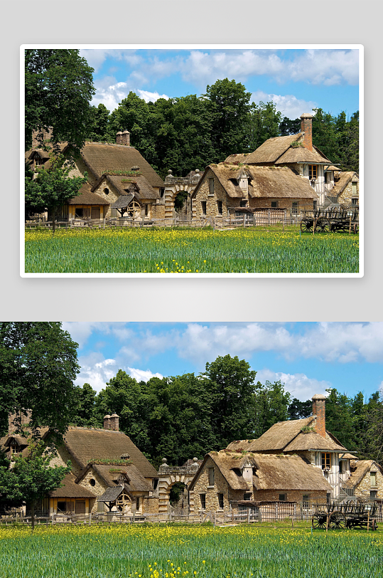 田园风光中的茅草屋与木车-众图网