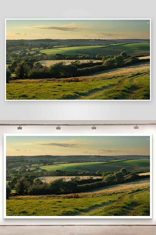 田园风光夕阳下的绿色田野-众图网