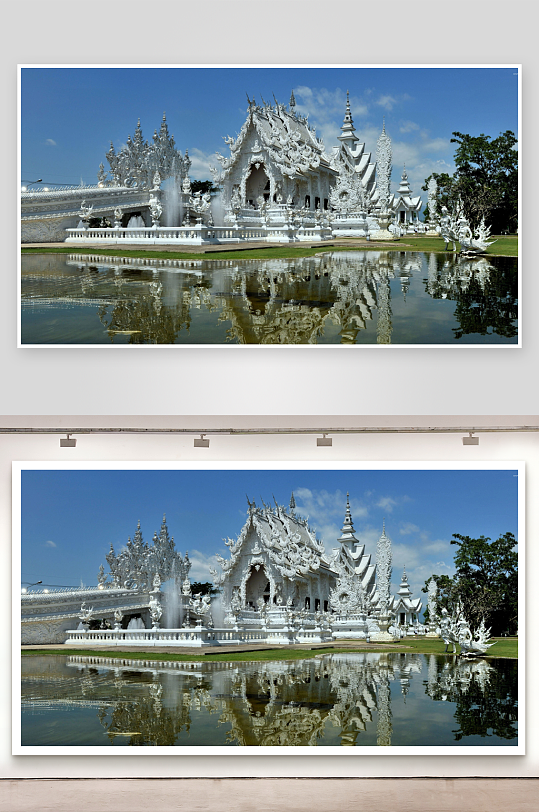 白色寺庙倒影湖面美景-众图网