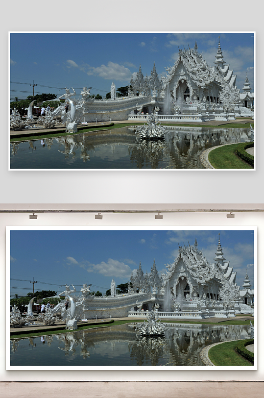 白色寺庙建筑与水池景观-众图网