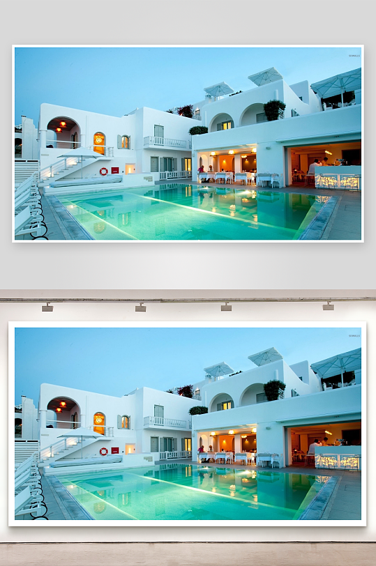 白色建筑泳池夜景-众图网