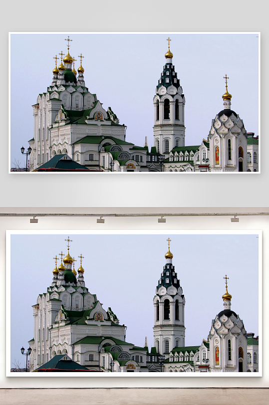 白色教堂金色圆顶建筑景观-众图网