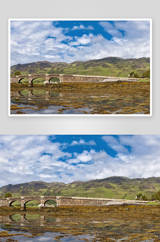 石桥横跨湿地远山蓝天-众图网