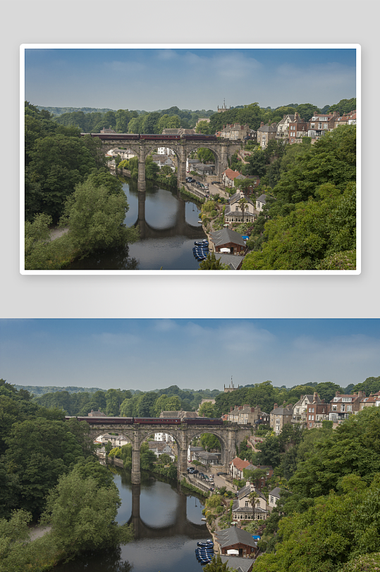 石桥流水旁的小镇风光-众图网