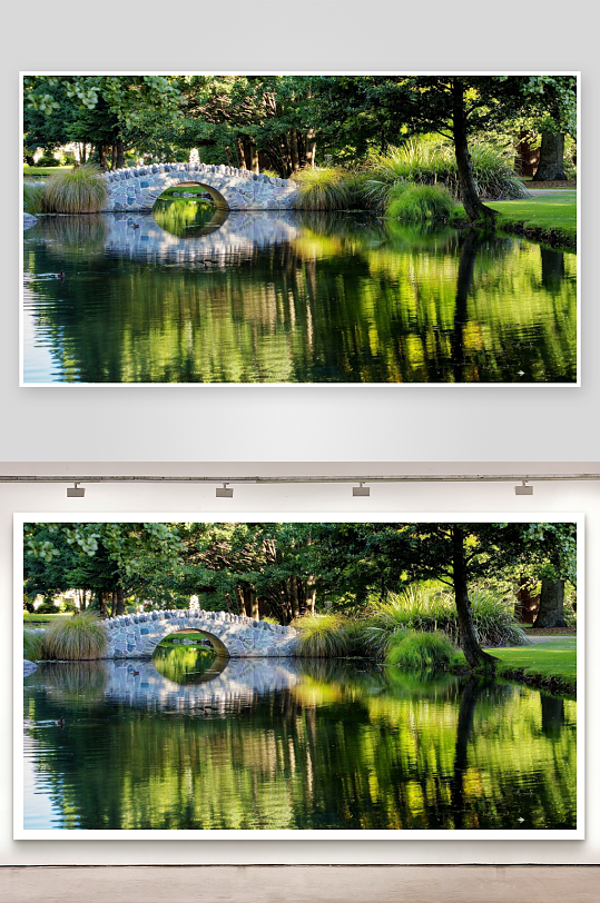 石桥流水绿树成荫的静谧公园-众图网