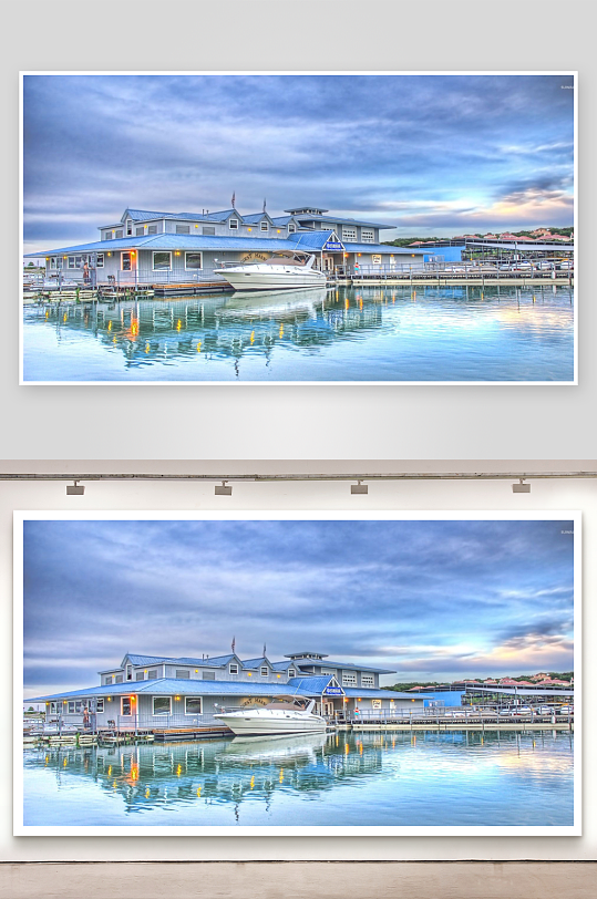 码头建筑与游艇倒影-众图网