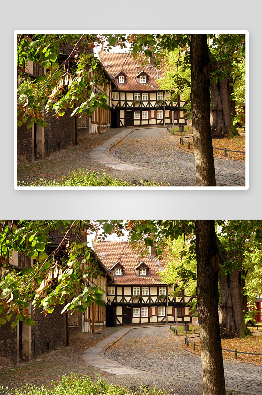 秋日古朴木结构房屋街景-众图网