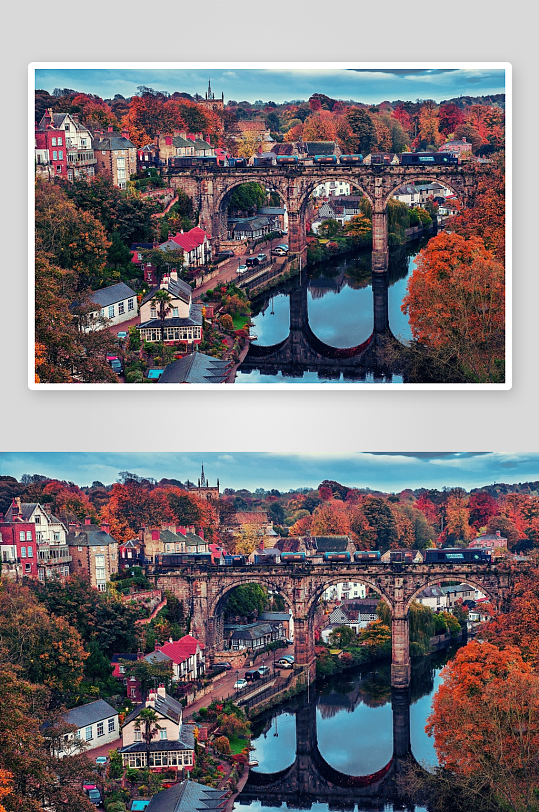 秋日小镇石桥火车风景-众图网