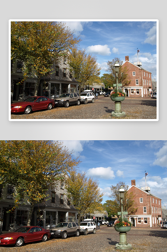 秋日小镇街道车辆林立-众图网