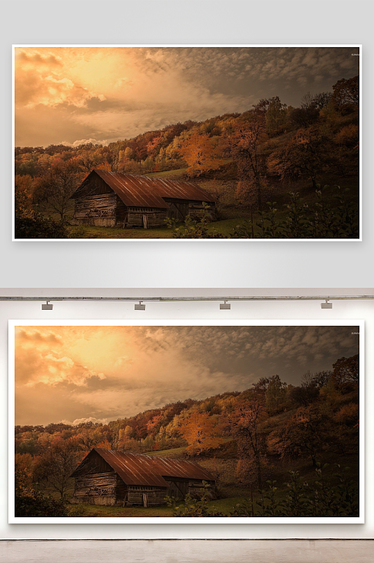 秋日山林木屋风景-众图网