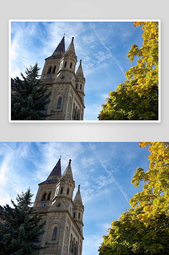 秋日教堂尖塔与绿树蓝天-众图网