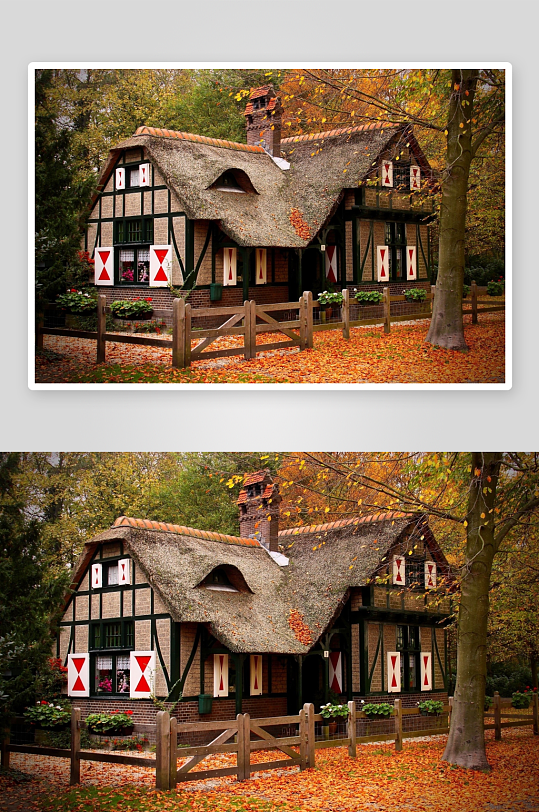 秋日林间茅草屋景色-众图网