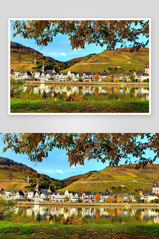 秋日河畔小镇风光-众图网
