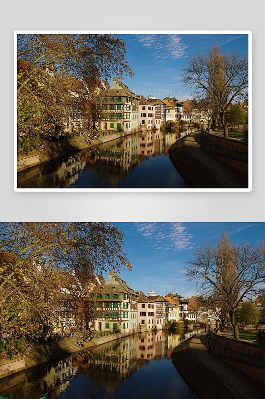 秋日河边建筑倒影风景-众图网