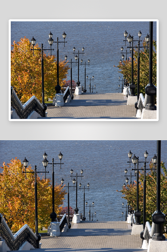 秋日河边阶梯与彩叶-众图网