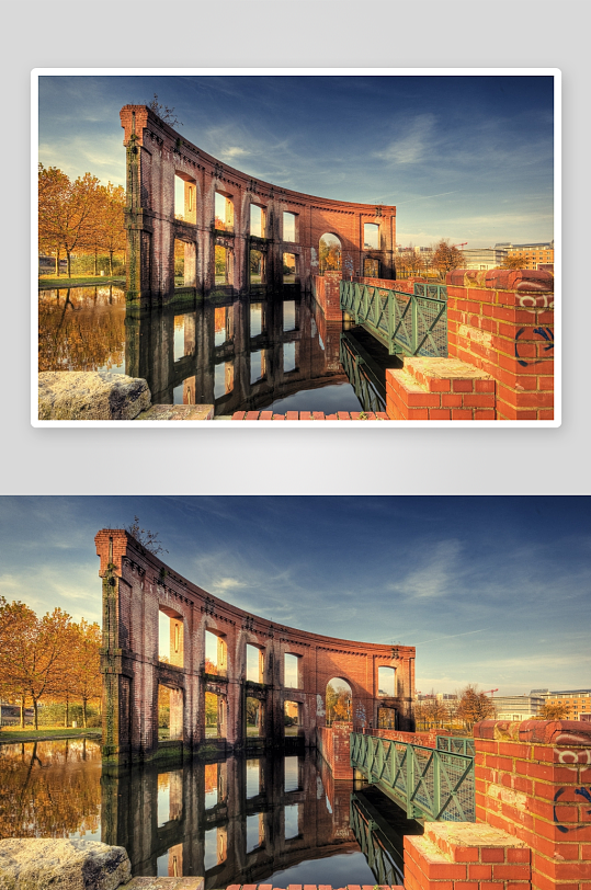 秋日红砖拱桥倒影-众图网