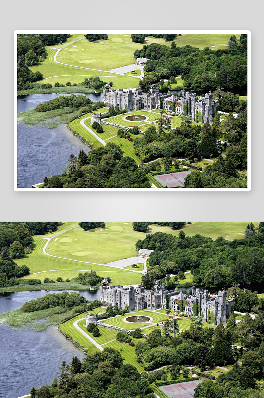 空中俯瞰古典城堡与绿洲-众图网