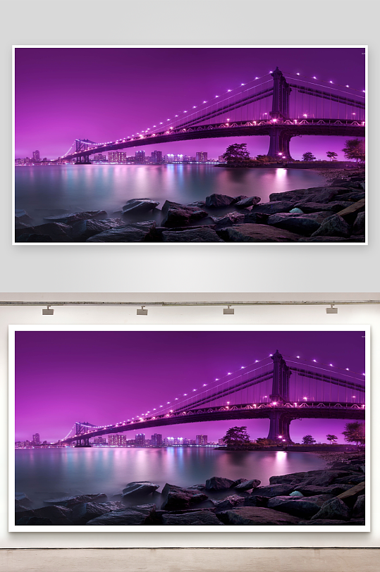 紫色夜景大桥与城市风光-众图网
