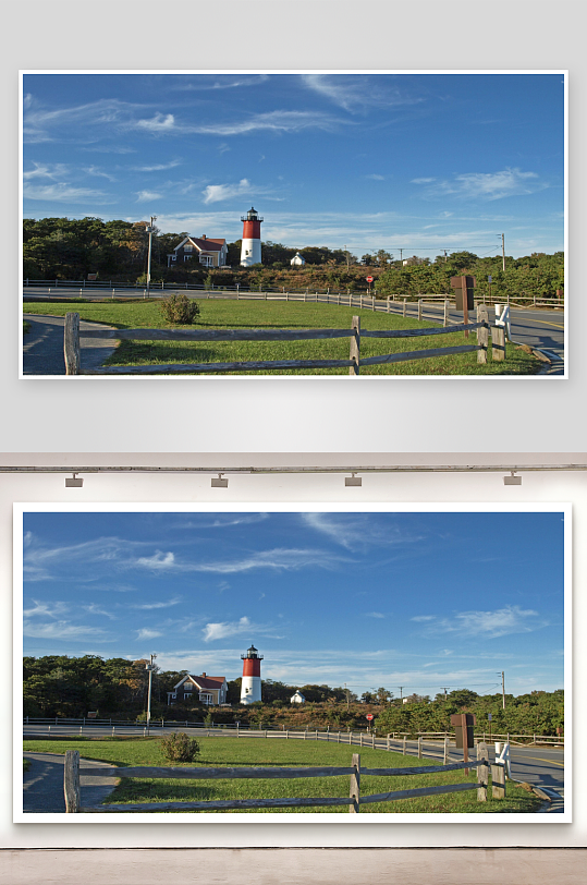 红白灯塔与乡村道路风景-众图网