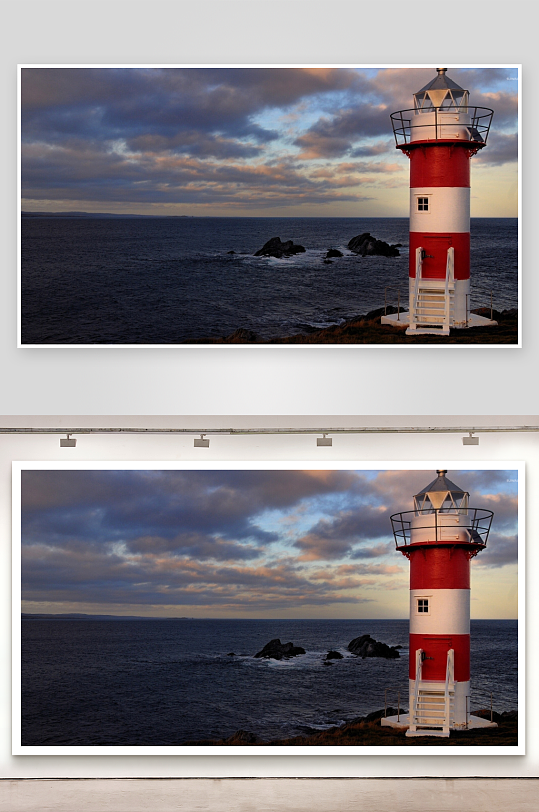 红白灯塔海边日落景象-众图网